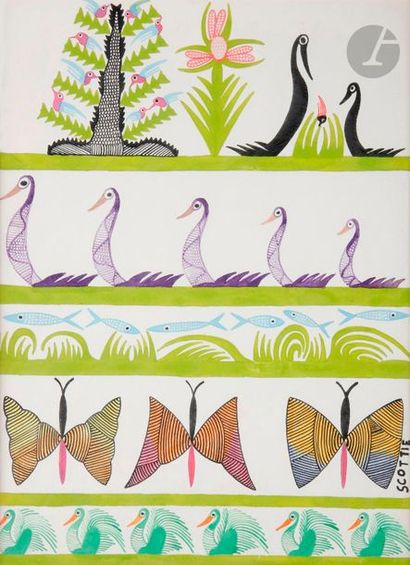 null Scottie WILSON (1905-1972)
Papillons, oiseaux et poissons
Gouache et encre noire.
Signée...