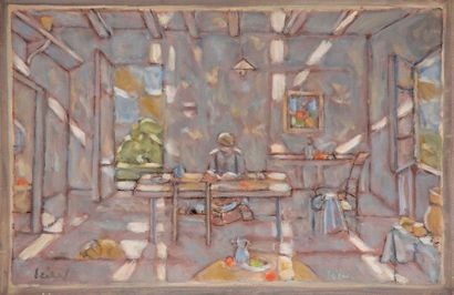 null Hans SEILER (1907-1986)
Scène d’intérieur
Fusain et gouache sur papier contrecollé...