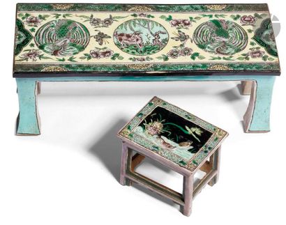 null CHINE - XIXe siècle
Deux tables miniatures en porcelaine émaillée sur le biscuit...
