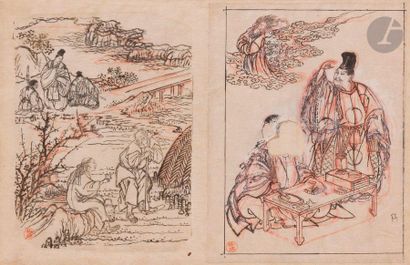 null Katsushika Hokusai (1760 - 1849)
Cinq planches de dessins préparatoires à l’encre...