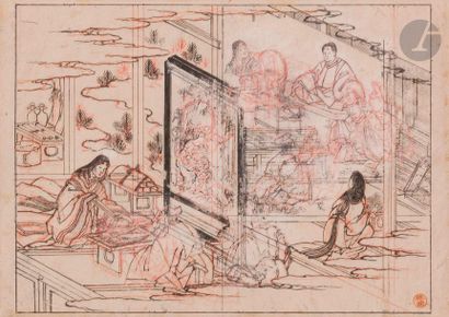 null Katsushika Hokusai (1760 - 1849)
Cinq planches de dessins préparatoires à l’encre...