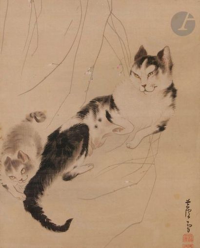 null JAPAN - XIXth centuryInk
and colors on silk, representing two cats playing under...