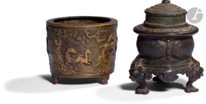 null CHINEDeux
bronze perfume burners, one tripod with relief decoration of deer...