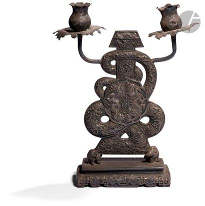  VIETNAM - Around 1900Silver candlestick with two branches, the central part forming...