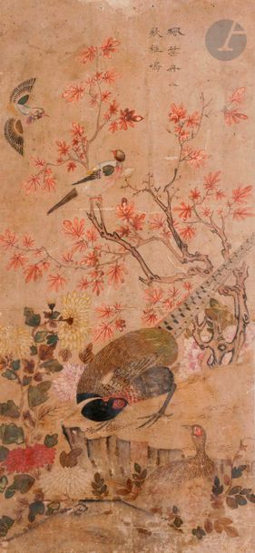 null CHINE - XIXe siècle
Encre et couleurs sur papier représentant des oiseaux entourés...