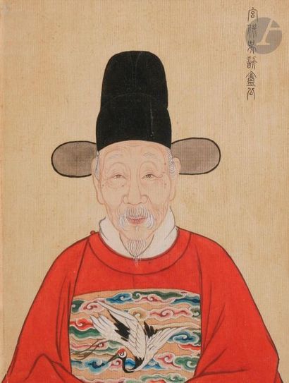 null CHINE - XIXe siècle
Encre et couleurs sur soie représentant un portrait de lettré...