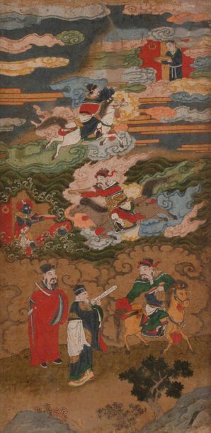 null CHINE - XIXe siècle
Ensemble de deux peintures, encre et couleurs sur soie,...
