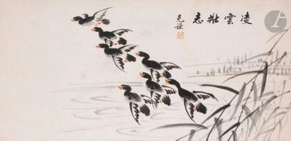 null CHINE - XXe siècle
Ensemble de deux peintures, encre et couleurs sur papier,...