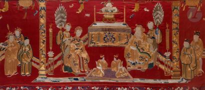 null INDOCHINA - Around 1900Red
silk
panel
embroidered with polychrome and gold threads...
