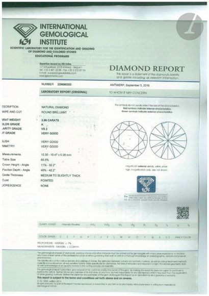 null Round brilliant cut diamond under IGI seal weighing 3.96 cts
The stone accompanied...