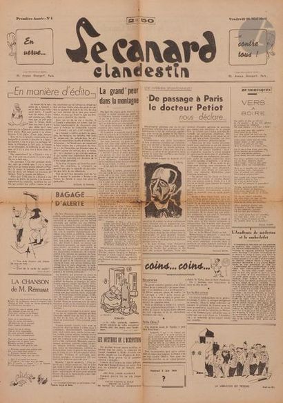 null LE CANARD CLANDESTIN.
Paris, 26 mai 1944-2 juin 1944. — 2 fascicules grand in-folio,...
