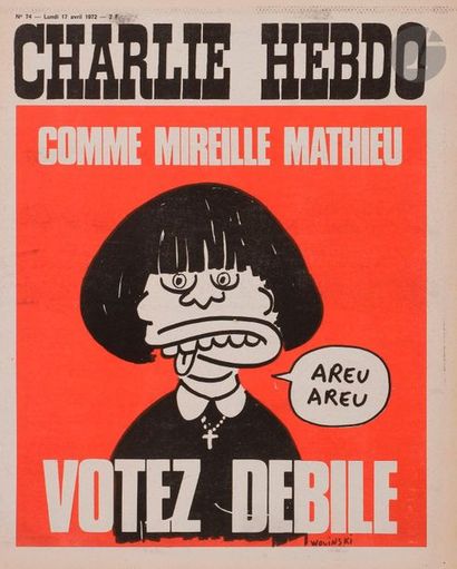 null WOLINSKI (Georges).
Ensemble de 90 numéros d’Hara-Kiri et de Charlie Hebdo ayant...