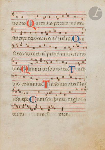 null [LIGHTING] Watermarked initials. Music notated 
Leaflet from a 
Tempera
missal...