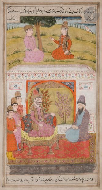 null Audience dans un pavillon et conversation dans un jardin, Cachemire, XIXe siècle
Miniature...