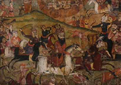 null Scène de combat, papier mâché peint et laqué, Iran qâjâr, XIXe siècle
Deux troupes...