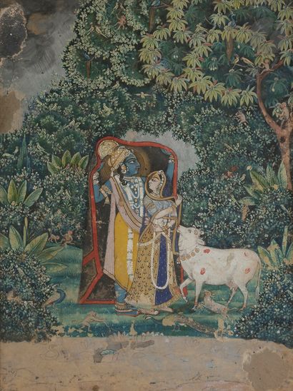 null Krishna abrite une gopi de la pluie, Inde du Nord, Rajasthan, XIXe siècle
Miniature...