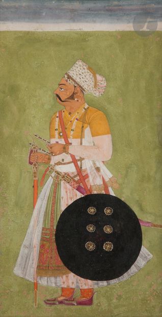 null Raja debout, Inde du Nord, Rajasthan, XIXe siècle
Gouache sur papier représentant...