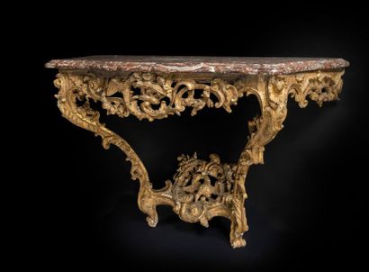 null Gilded wooden console with openwork decoration of foliage, flowers, rockeries...