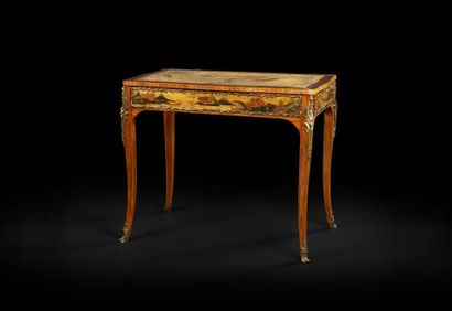 null Writing table in European varnish, opening to a drawer on the side, with a sliding...