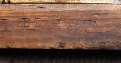 null Writing table in European varnish, opening to a drawer on the side, with a sliding...