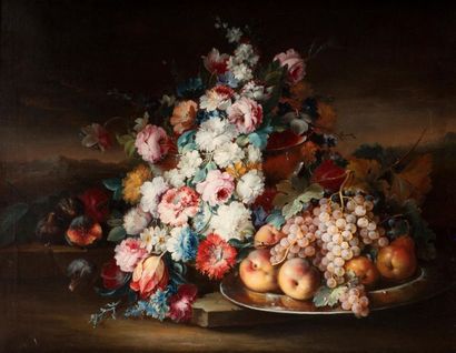 null In the taste of PFEILER
Still life with flowers and fruit in a landscape 
Canvas.
Old...