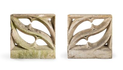null Two elements of carved limestone balustrade with a latticework decoration of...