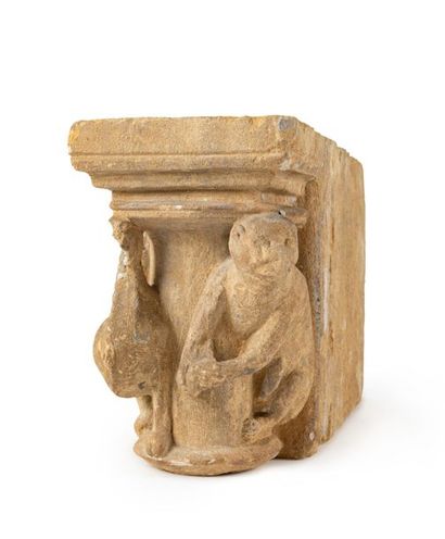 null Engaged limestone capital carved with a monkey and a high-footed animal with...