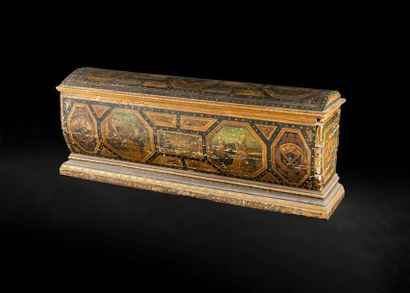 null Chest in painted fir wood in the shape of a sarcophagus, decorated with coats...