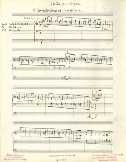  ALAIN Jehan (1911-1940). MANUSCRIT MUSICAL autographe signé, « Jehan Alain » Suite...