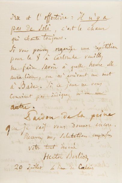 null BERLIOZ Hector (1803-1869).
L.A.S. « Hector Berlioz », Paris 20 juillet [1861],...