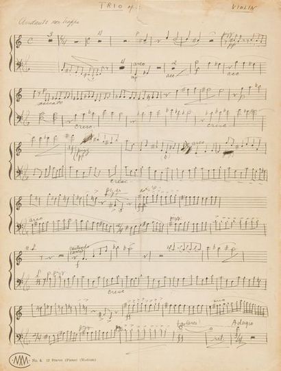  BERNSTEIN Leonard (1918-1990). MANUSCRIT MUSICAL autographe signé, Trio op. 2 « Violin »,...