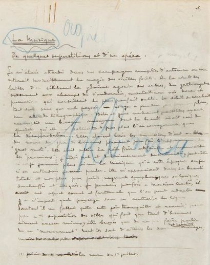  DEBUSSY Claude (1862-1918). MANUSCRIPT autograph signed " Claude Debussy ", La Musique....