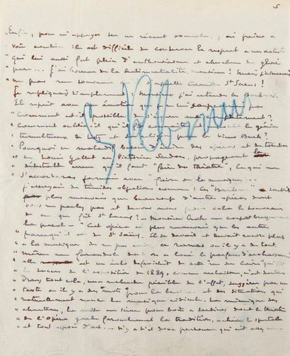  DEBUSSY Claude (1862-1918). MANUSCRIT autographe signé « Claude Debussy », La Musique....