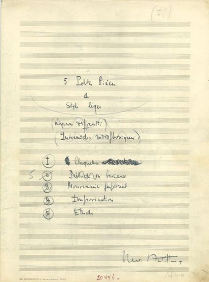  DUTILLEUX Henri (1916-2013). MANUSCRIT MUSICAL autographe signé « Henri Dutilleux »,...