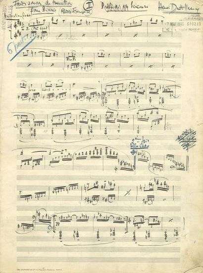  DUTILLEUX Henri (1916-2013). MANUSCRIT MUSICAL autograph signed "Henri Dutilleux",...