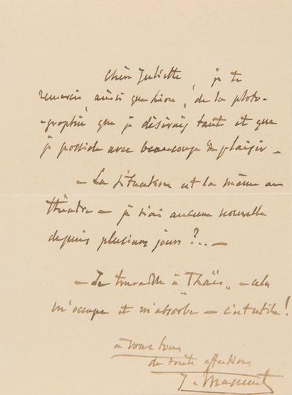 null MASSENET Jules (1842-1912).
7 L.A.S. « J. Massenet », « J.M. » ou paraphe, 1892-[début...