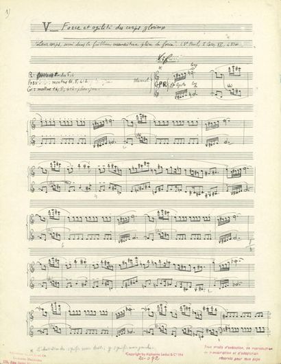  MESSIAEN Olivier (1908-1992). MANUSCRIT MUSICAL autographe signé « Olivier Messiaen »,...