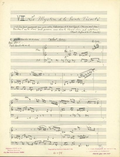 null MESSIAEN Olivier (1908-1992).
MANUSCRIT MUSICAL autographe signé « Olivier Messiaen »,...