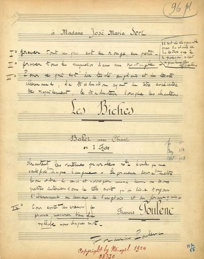 null POULENC Francis (1899-1963).
MANUSCRIT MUSICAL en partie autographe, Les Biches,...