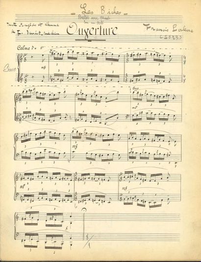  POULENC Francis (1899-1963). MANUSCRIT MUSICAL en partie autographe, Les Biches,...
