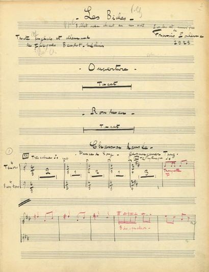 null POULENC Francis (1899-1963).
MANUSCRIT MUSICAL en partie autographe, Les Biches,...