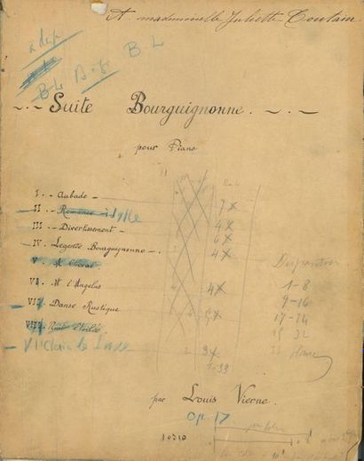  VIERNE Louis (1870-1937). MANUSCRIT MUSICAL avec corrections et notes autographes,...