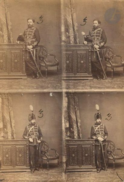 null Eugène Disdéri (1819-1889)Military, 1869. 
Uncut board of
 four poses for business...