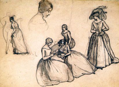 ROQUEPLAN Camille (1800-1855) Jeunes filles lisant Dessin au crayon. Étude pour le...