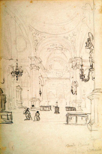 ZIEM Félix (1821-1911) L'intérieur de l'église Bérico à Venise Dessin au crayon....