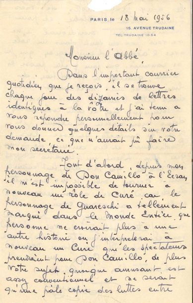 null Fernand Contandin, dit FERNANDEL (1903-1971). L.A.S., Paris 18 mai 1956, à l'Abbé...