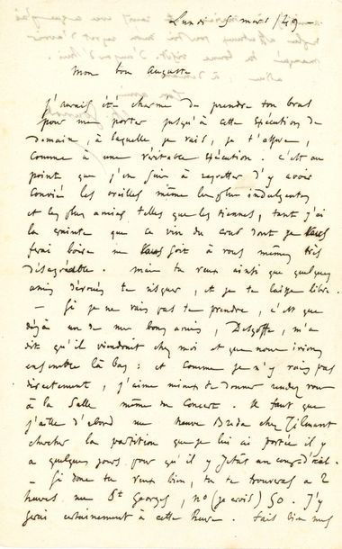 null Charles GOUNOD (1818-1893). L.A.S., 5 mars 1849, à son ami Auguste ; 1 page...