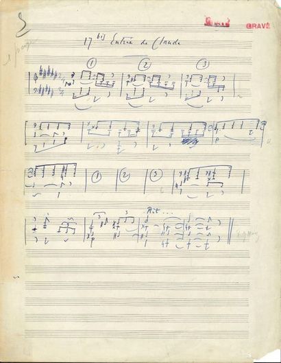 null Reynaldo HAHN (1875-1947). Manuscrit musical autographe, Entrée de Claude ;...