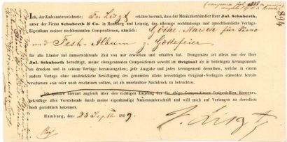 null Franz LISZT. P.S., Hamburg 28 septembre 1849 ; 1 page oblong in-8 en partie...