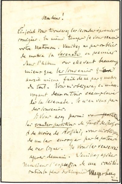 null Giacomo MEYERBEER. L.A.S., à M. Malot ; 1 page in-8 (petit deuil). 
On joint...